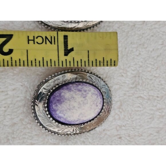 Vintage Clip-on Earrings Silver Tone Purple & White Crackle Oval Stone 1980s - Picture 3 of 3